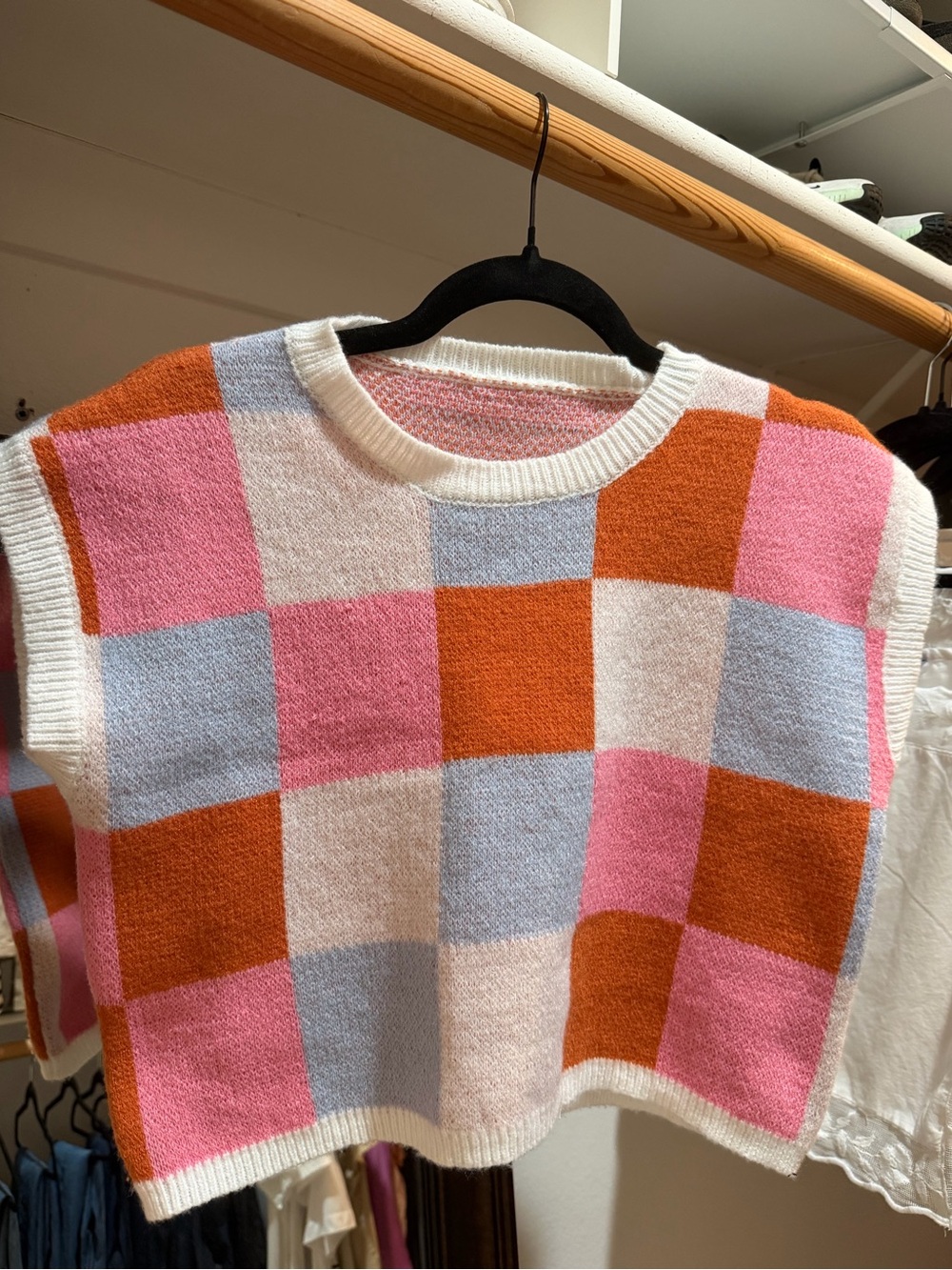 Colorblock Check Knit Short SkeevedSweater - Pink, Orange, Light Blue, Cream